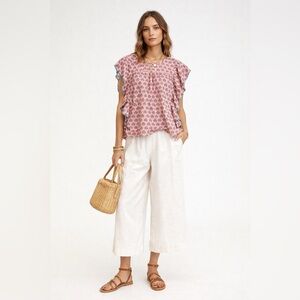 World Market peachy pink block print cotton top. Size small